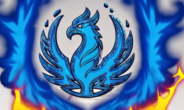 A stylized, glossy blue phoenix emblem with abstract wings against a bright background.