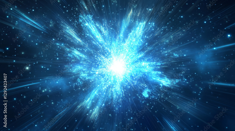 Poster blue explosion glow with bright light, rays and dust around flash with transparent effect. realistic