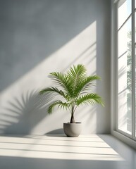 Fototapeta premium Minimalist interior with a potted palm tree near a sunlit window, casting soft shadows on a clean white wall, creating a modern and natural home decor atmosphere 