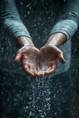 Fototapeta premium A pair of hands cupping water droplets against a dark backdrop, capturing the essence of nature and tranquility.