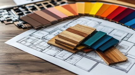A drawing of a house is on a table with a variety of colors and tools