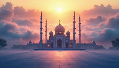 Naklejka premium Glowing 3D mosque with golden domes, tall minarets, and intricate patterns under a moonlit sky. A mystical Ramadan ambiance