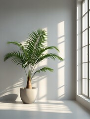 Obraz premium Minimalist interior with a potted palm tree near a sunlit window, casting soft shadows on a clean white wall, creating a modern and natural home decor atmosphere 
