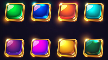 Shiny game buttons with gold and color frames. Vector cartoon set of web or mobile app interface elements, blank glossy rectangle buttons isolated on background