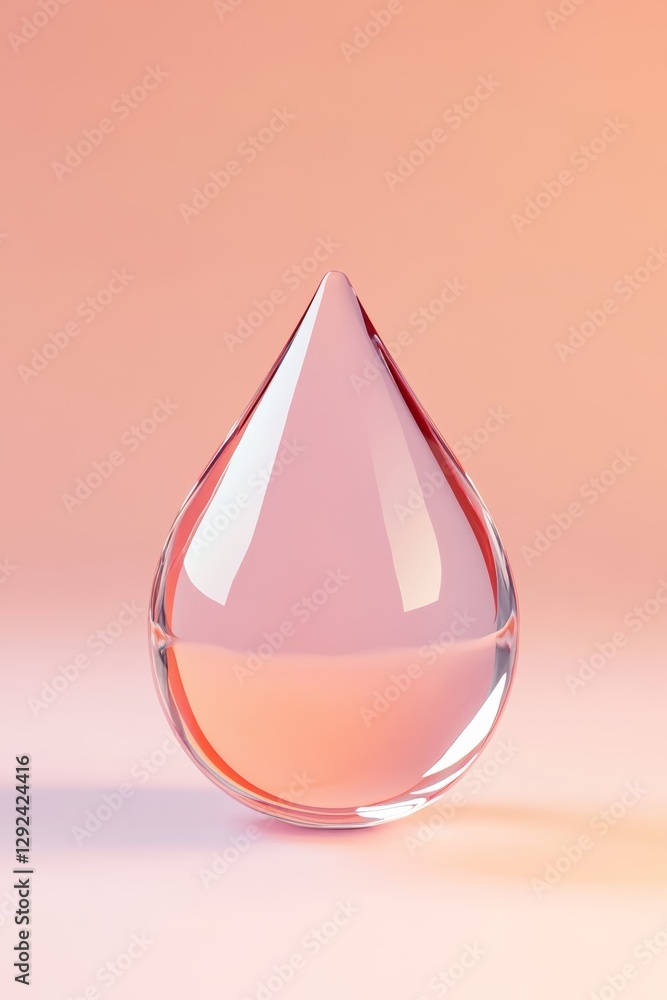 Poster a translucent teardrop shape filled with a soft pink liquid, set against a gentle, warm gradient bac