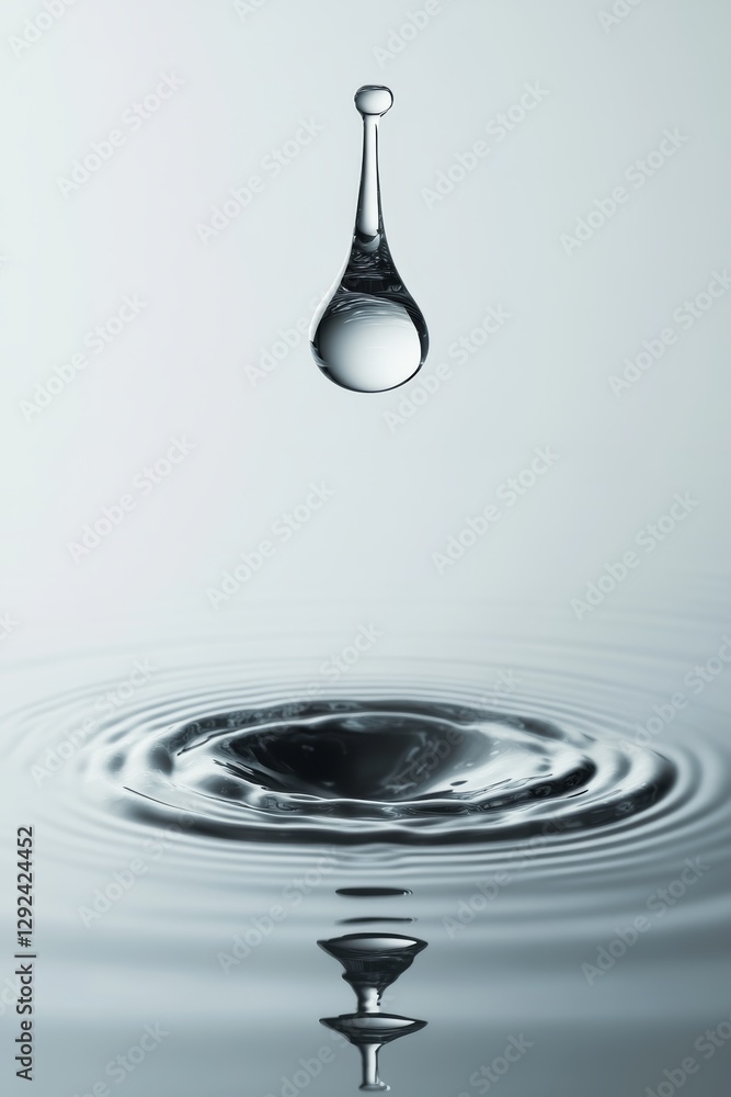 Poster a single water droplet falls into a calm surface, creating ripples that reflect its movement in a se