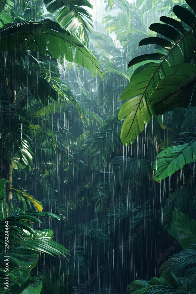 Poster a lush rainforest scene with dense greenery and cascading rain, creating a tranquil and vibrant atmo