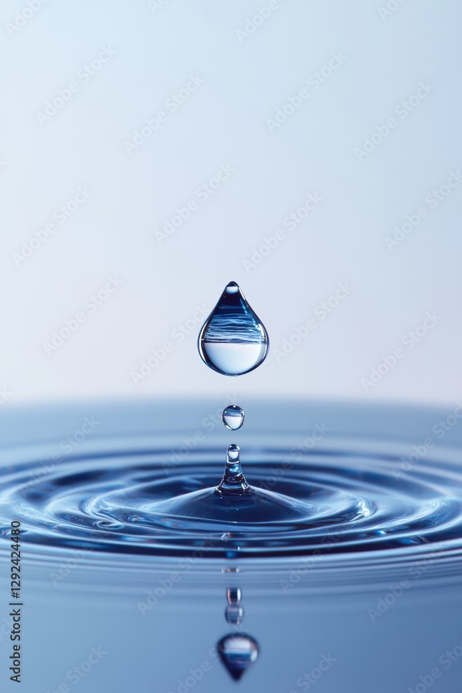 Poster a serene image of a water droplet creating ripples in a calm surface, capturing the beauty of fluid 