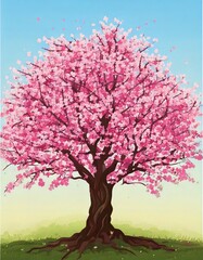 Fototapeta premium Cherry blossom tree growing out of the earth on solid backdrop. Vector art. Pink. 