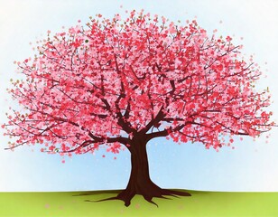 Cherry blossom tree growing out of the earth on solid backdrop. Vector art. Pink. 