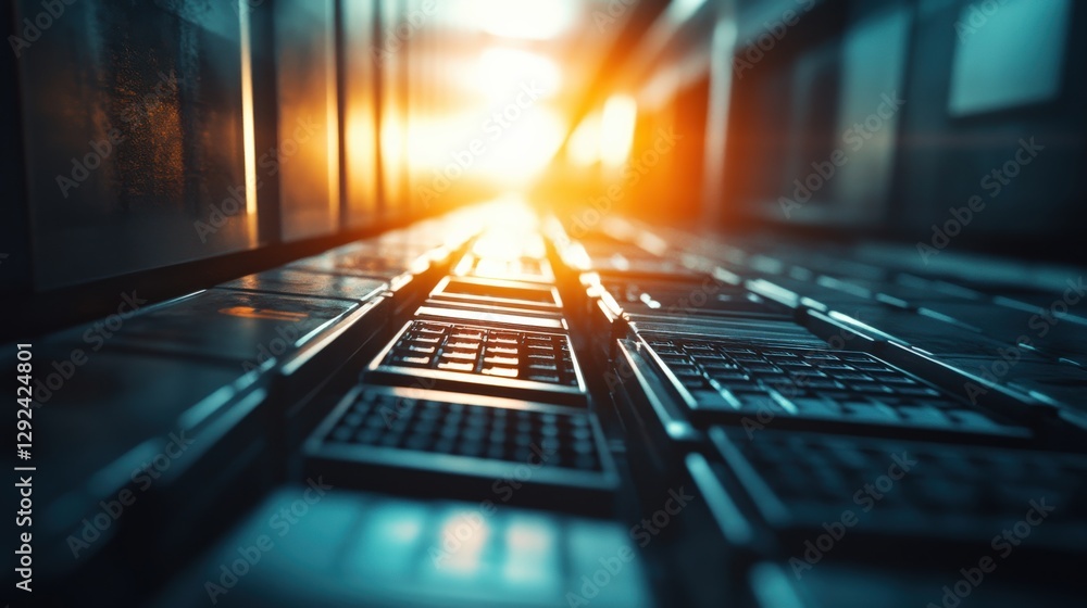 Aufkleber a close-up view of a series of keyboards lined up in a corridor with warm sunlight streaming in