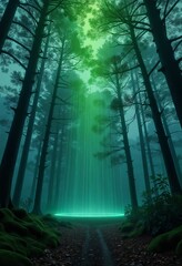 Naklejka premium Cyberpunk forest with glowing digital rain, futuristic and surreal