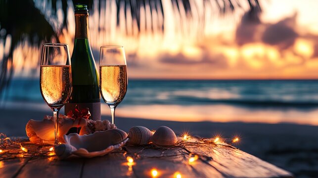 Celebration at sunset beach romantic drinks natural ocean environment cozy viewpoint relaxing concept - Powered by Adobe