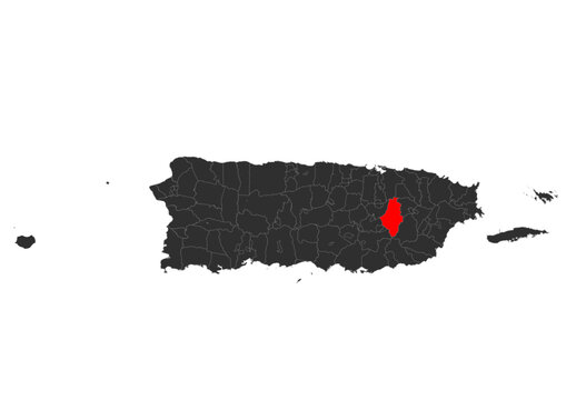 red colored vector silhouette of the location map of the city of caguas in the country of puerto rico.