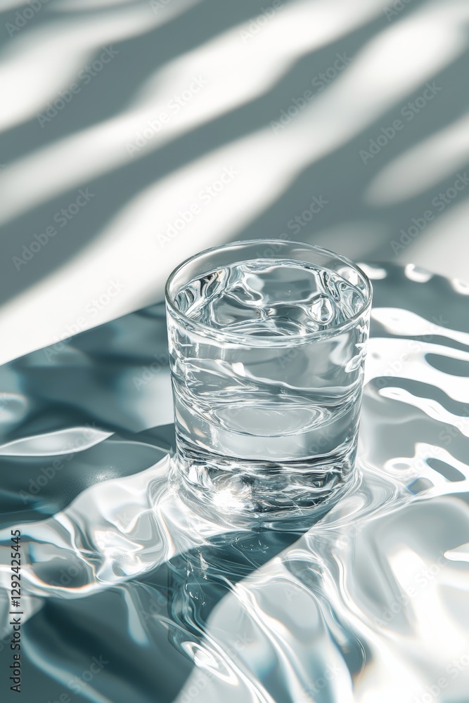 Poster a clear glass of water sits on a reflective surface, with light creating soft shadows and patterns a