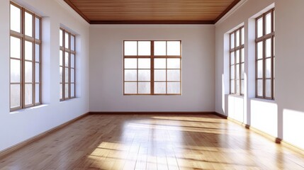 Fototapeta premium An empty room with wooden floors and white walls