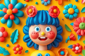 Colorful clay cartoon character with blue hair surrounded by flowers on yellow background. Creative 3d plasticine art for children illustration and animation design
