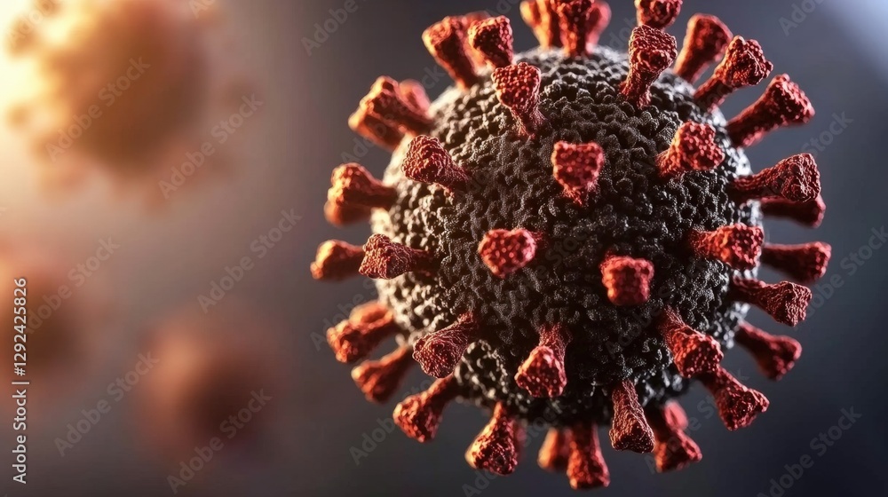 Poster microscopic view of coronavirus particles floating in a dark background with high fidelity details