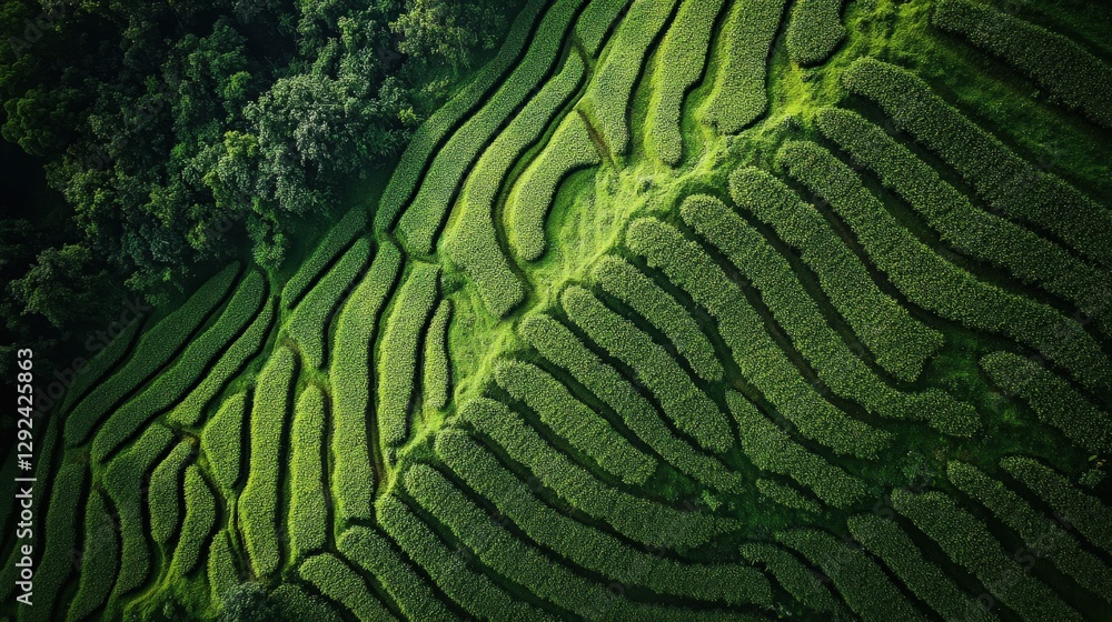 Poster aerial view of lush green terraced rice fields with winding patterns and surrounding trees