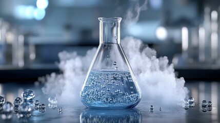 A laboratory flask emits steam and bubbles, surrounded by a mist, illustrating a chemical reaction or experiment in a scientific setting.