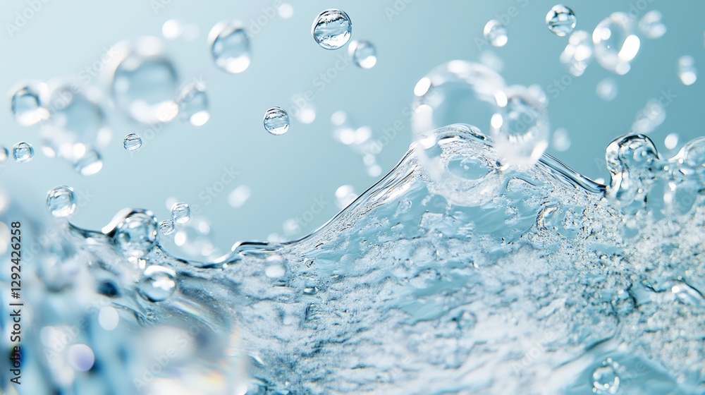 Poster a close-up of water droplets splashing against a light blue background, capturing the fluid motion a
