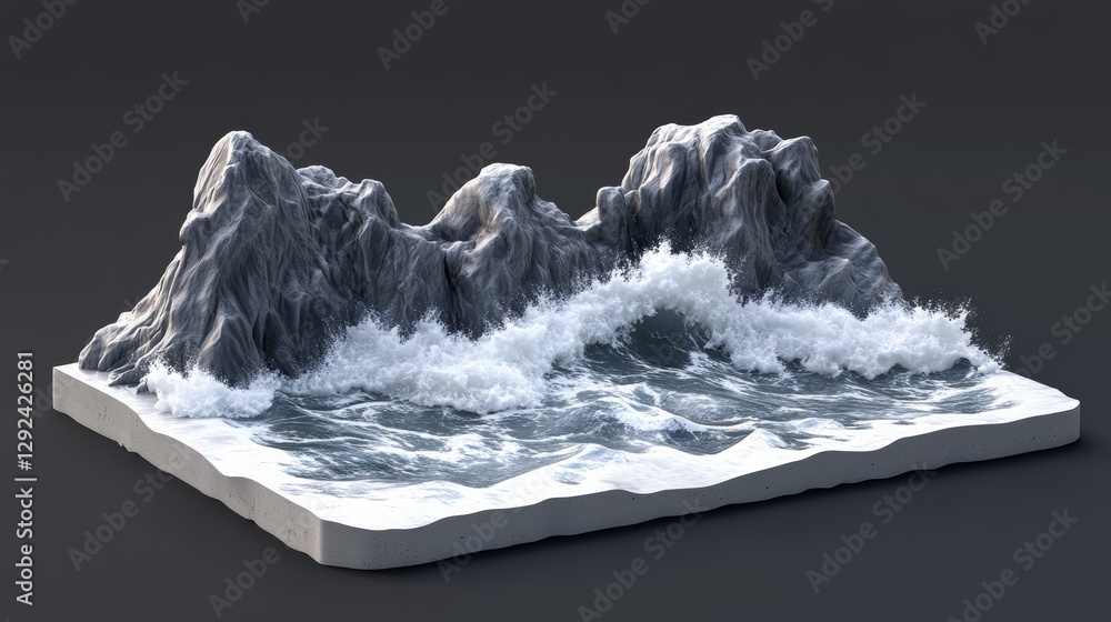 Poster a stylized 3d model depicting rocky mountains with crashing waves, showcasing a dynamic interaction 