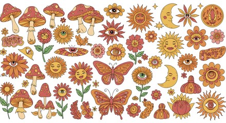 Whimsical Pattern Featuring Flowers Mushrooms Butterflies and Celestial Elements Design