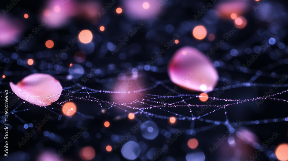 Poster enchanting spiderweb with delicate floral petals and soft bokeh