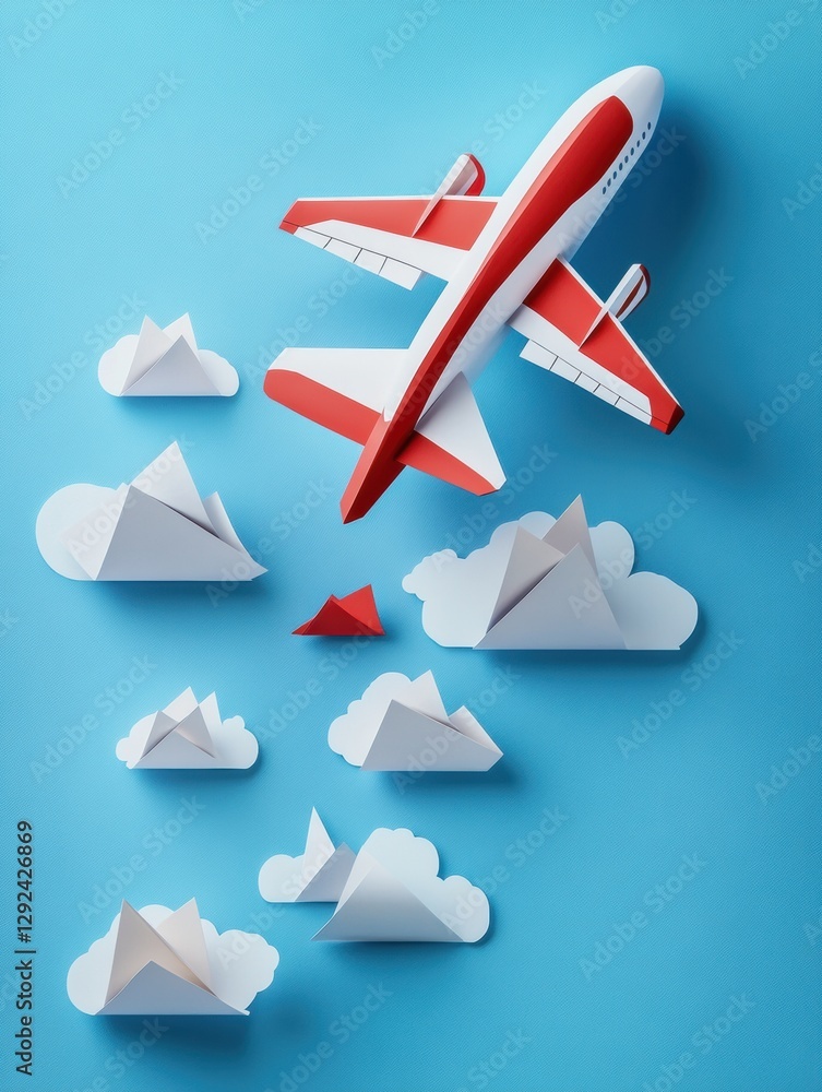 Aufkleber Red and white airplane leading paper planes in a bright blue sky illustrates guidance and innovation in flight. Generative AI