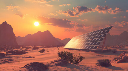 Stunning Sunset Over Solar Panels in Desert Landscape with Mountain Silhouette and Colorful Clouds