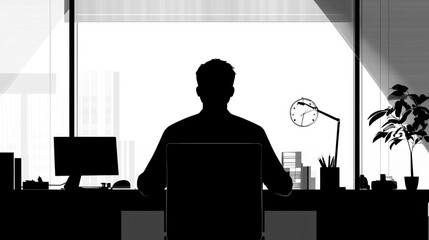 Silhouette of businessman working at desk in office