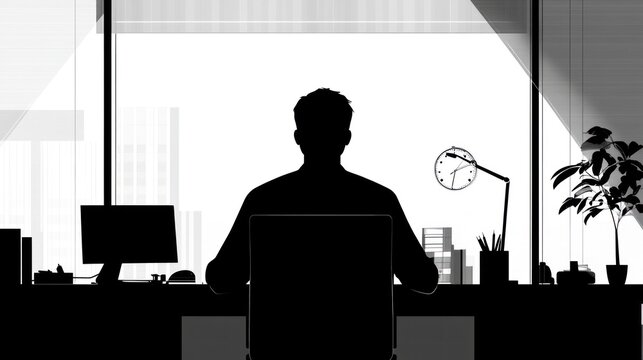 Silhouette of businessman working at desk in office