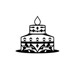 Stylized black and white illustration of a decorative cake with a single candle and intricate patterns.