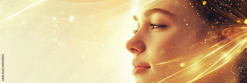 Poster golden lines flow around a young womans face highlighting a unique botox lifting effect in a serene 