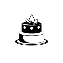 Elegant two-tiered cake with decorative leaf-like topper, black and white.