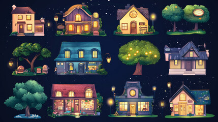 Night city constructor set of houses, buildings, shop, street lanterns, trees, bushes, bench, fence, waste bin, moon shining through clouds. Midnight cartoon town design elements vector illustration