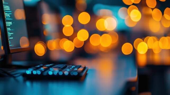 Night coder's desk, city bokeh