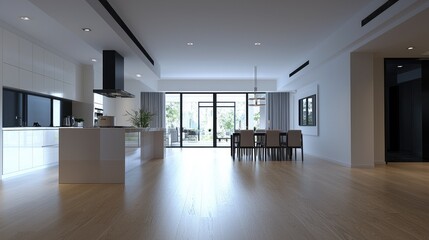 Modern kitchen, dining room, garden view, open plan home design