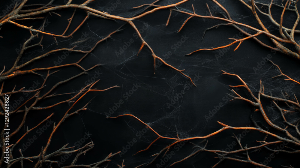 Poster intricate spiderweb on dark branches background for nature and halloween design