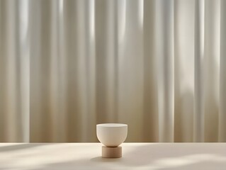 Minimalist still life featuring a simple bowl on a table with soft curtains in the background