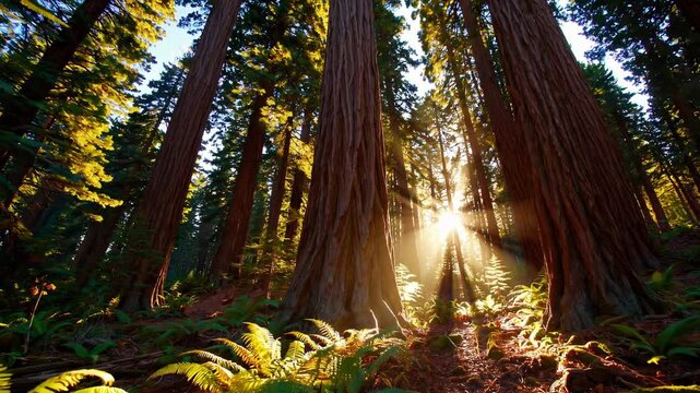 Sunlight filtering through towering redwoods in a lush forest with ferns on the forest floor. Nature beauty and serenity concept