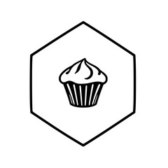 A Black-and-White Illustration of a cupcake inside a hexagon.