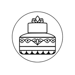 Decorative Black and White Cake in a Circle, Featuring Two Tiers, Embellishments, and a Leafy Topper.