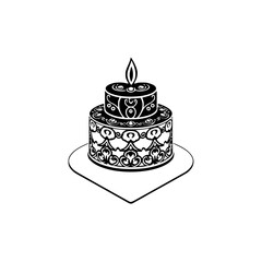 Two-Tiered Decorated Cake with Flame, black and white, on a heart-shaped base.