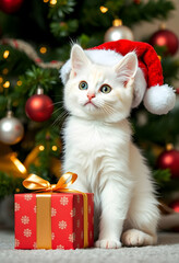 Obraz premium Kitten Wearing Christmas Hat Sitting Near Gift Box by Tree