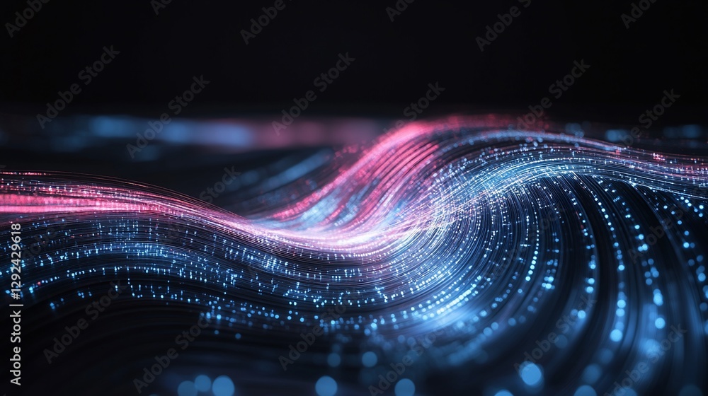 Poster abstract rendering of luminous red and blue flowing lines against a dark background