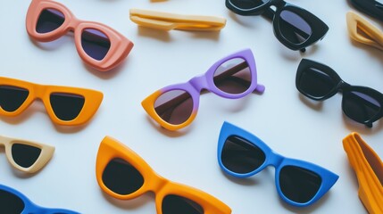 Colorful sunglasses flatlay, white background