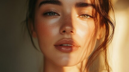 Fototapeta premium Close up portrait of a woman showcasing radiant skin and natural beauty in soft sunlight. Generative AI