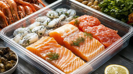 Frozen seafood Plastic package. Salmon sea fish and shrimp on tray pack for grocery market. Freezer container wrap for prawn and octopus. Cold marine dish storage bag for fridge isolated asset kit