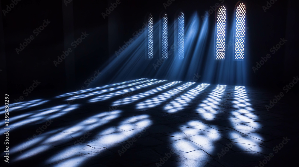 Poster serene spiritual light shining through arched windows creating beautiful patterns